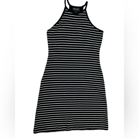 New York & Company Black and White Striped Bodycon Mini Summer Dress Halter Top - Picture 1 of 4
